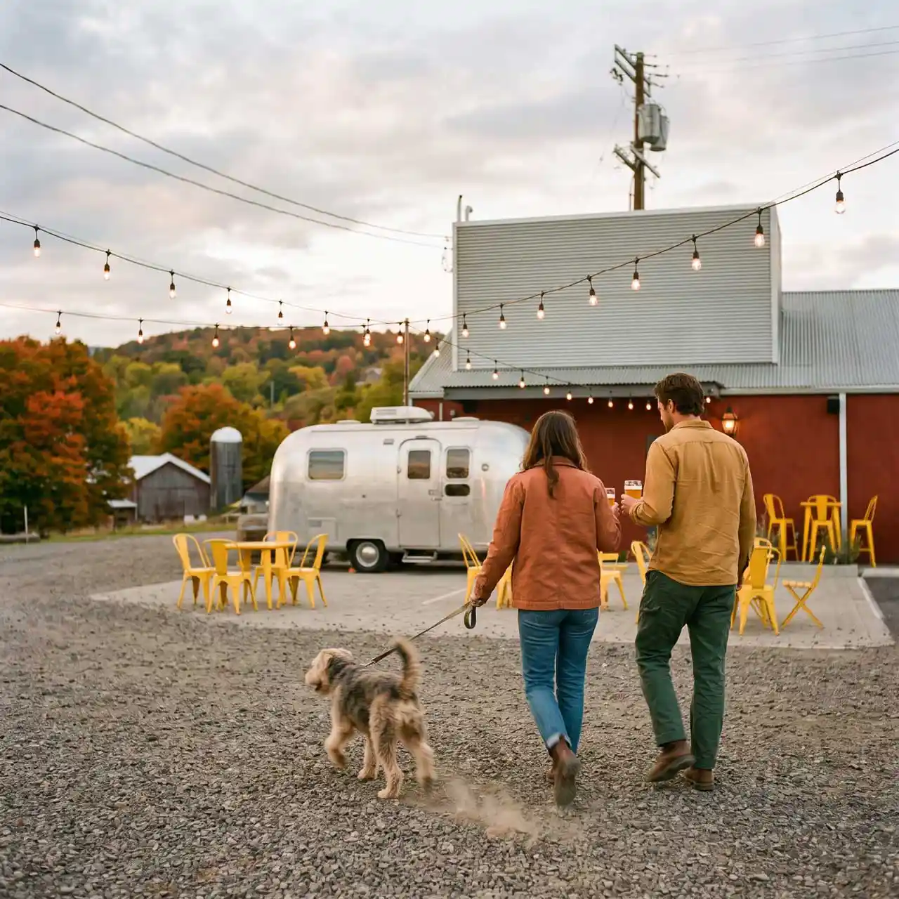 Couple with a dog walking toward a vintage Airstream at a rural brewery under string lights