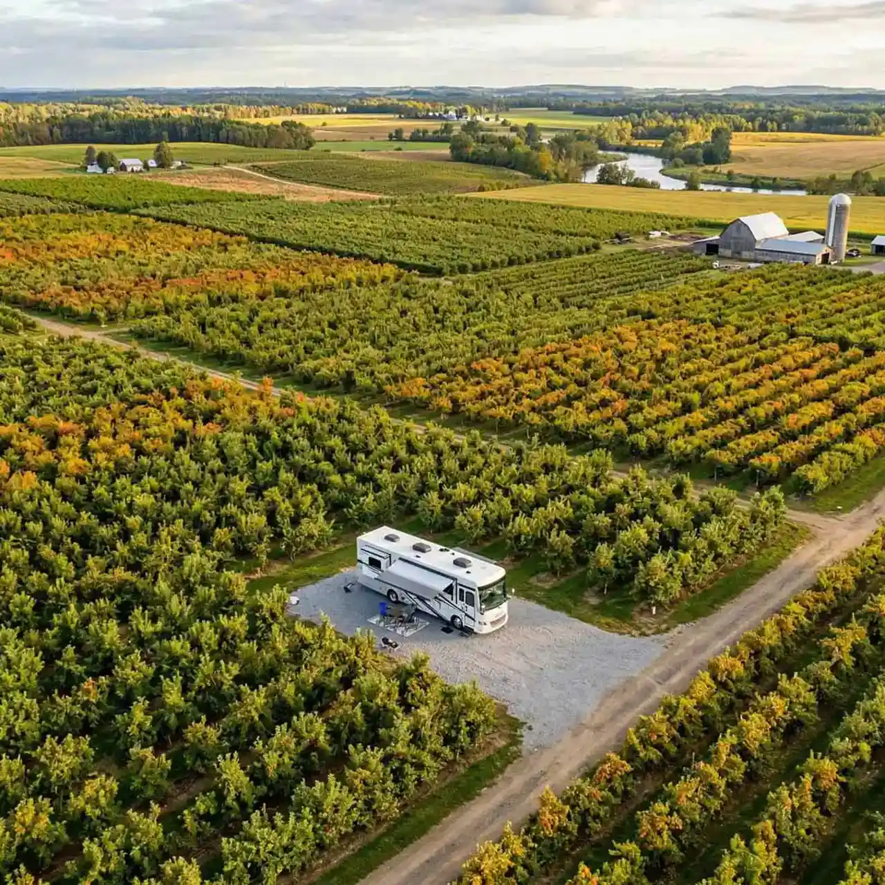Aerial view of a motorhome parked among rows of an apple orchard beside rolling farmland