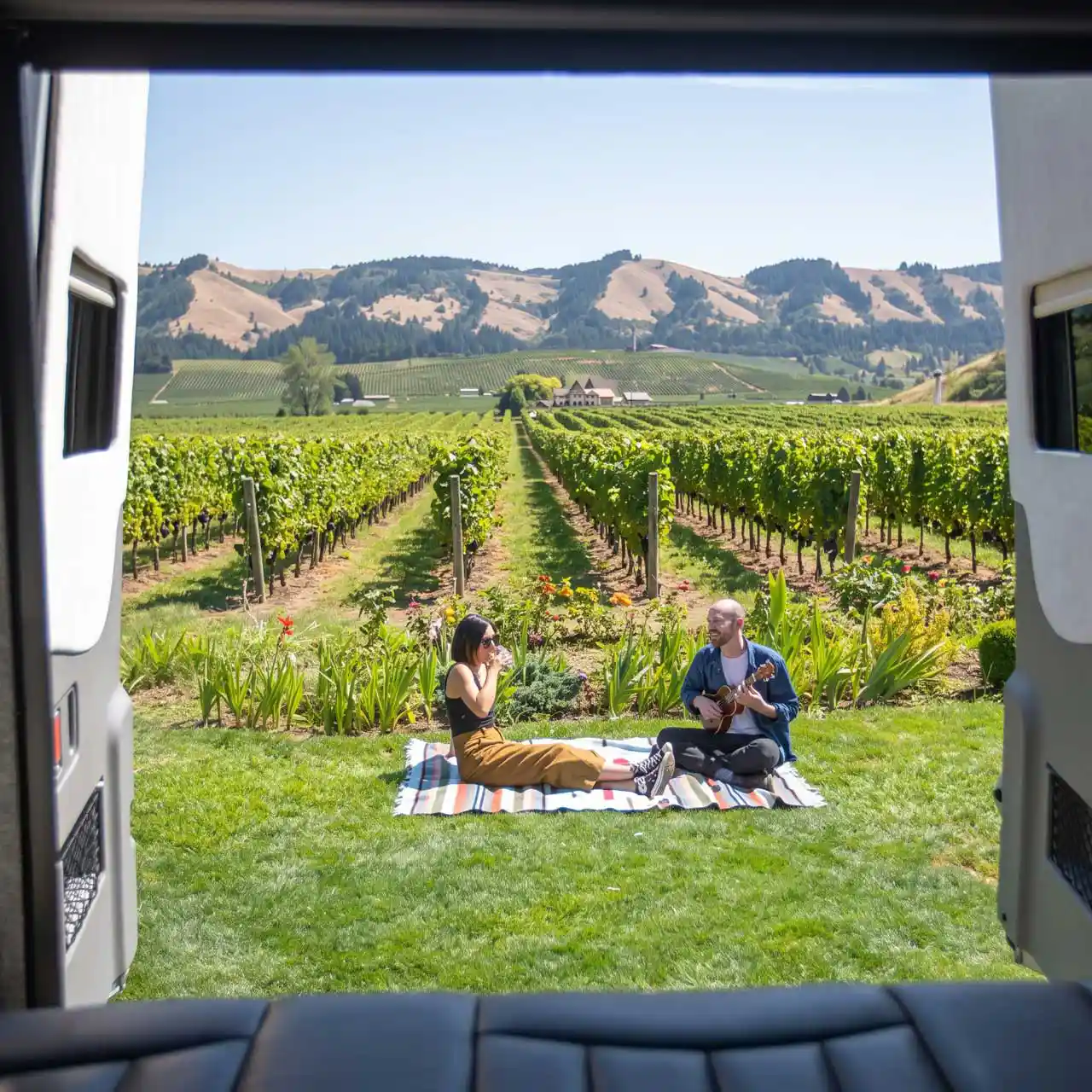 Property owner hosting an RV on their private land at sunset